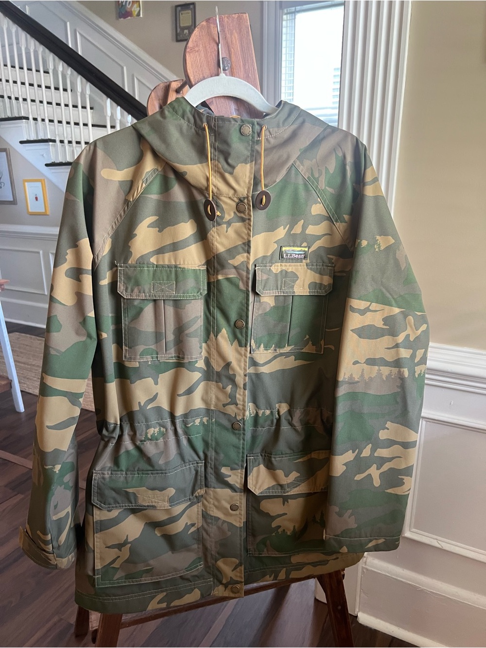 L.L. Bean Women’s Plus Camo Hooded Raincoat - Green, Tan